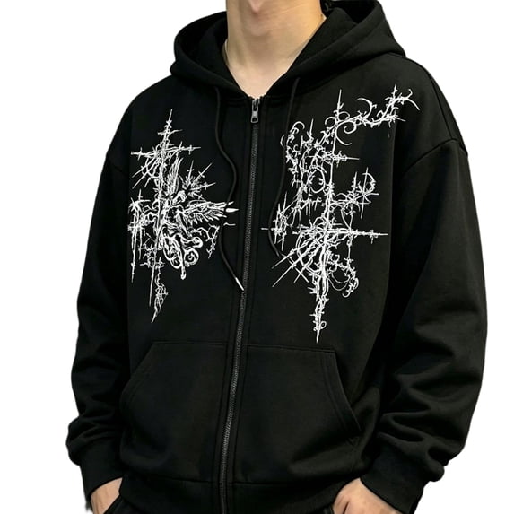Unisex Goth Zip Up Hoodie Y2K Aesthetic Graphic Sweatshirt Oversized Hooded Jacket Punk Grunge Streetwear