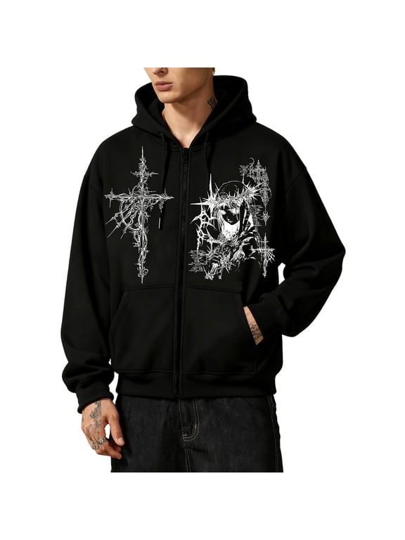 Unisex Goth Zip Up Hoodie Y2K Aesthetic Graphic Sweatshirt Oversized Hooded Jacket Punk Grunge Streetwear