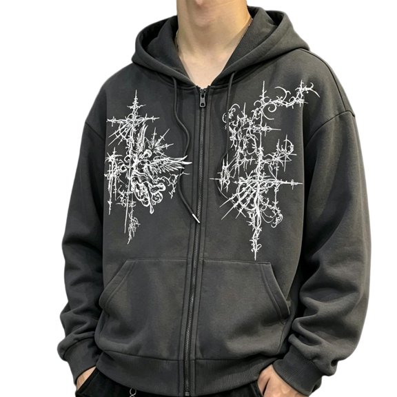 Unisex Goth Zip Up Hoodie Y2K Aesthetic Graphic Sweatshirt Oversized Hooded Jacket Punk Grunge Streetwear