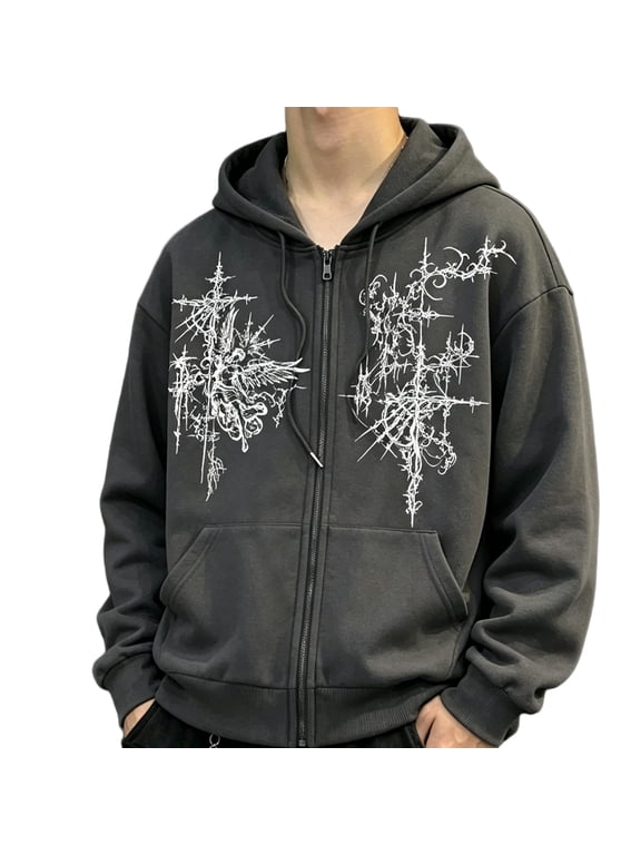 Unisex Goth Zip Up Hoodie Y2K Aesthetic Graphic Sweatshirt Oversized Hooded Jacket Punk Grunge Streetwear