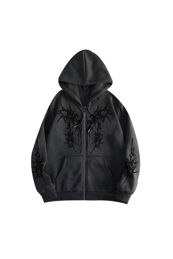 Unisex Goth Zip Up Hoodie Y2K Long Sleeve Aesthetic Graphic Hooded Sweatshirt Casual Oversized Punk Grunge Streetwear