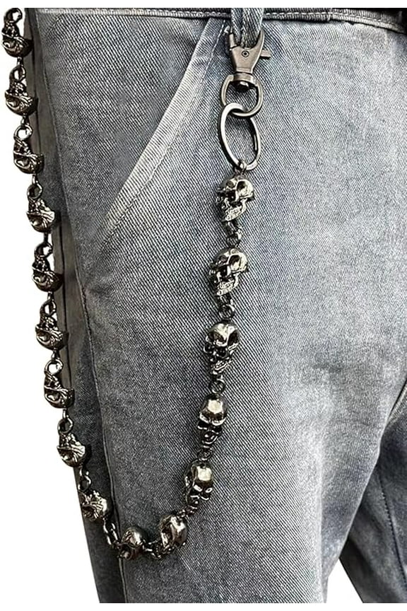 Unisex Gothic Punk Skull Wallet Chain,Heavy Duty Adjustable Metal Belt Accessories for Jeans, Biker Pants & Streetwear, Silver Rivet Decor