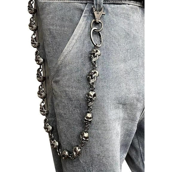 Unisex Gothic Punk Skull Wallet Chain,Heavy Duty Adjustable Metal Belt Accessories for Jeans, Biker Pants & Streetwear, Silver Rivet Decor