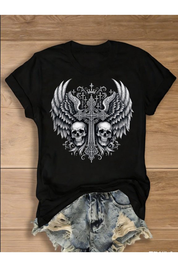 Unisex Gothic Retro Winged Skull Cross Graphic T-Shirt