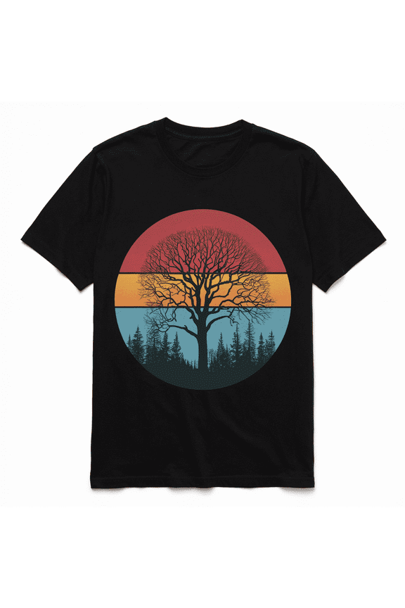 Unisex Graphic T-Shirt, Retro Sun Minimalist Tree Print, Soft Cotton Blend Tee