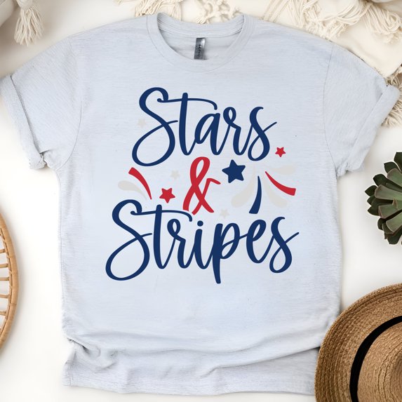 Unisex Graphic Tee, Stars and Stripes Design, Patriotic Red White Blue Shirt, Ash, Size M