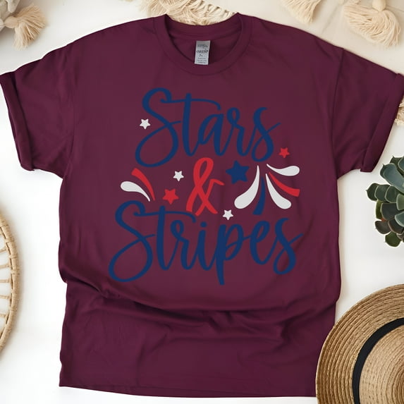 Unisex Graphic Tee, Stars and Stripes Design, Patriotic Red White Blue Shirt, Maroon, Size L