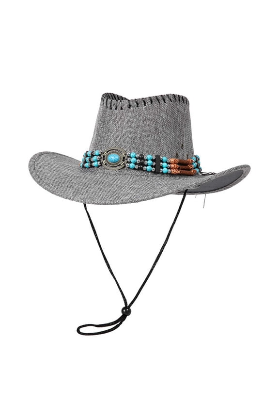 Unisex Gray Cowboy Hat Western Cattleman Crown Adjustable Chin Strap Turquoise Concho Beaded Band Polyester for Festival Daily Wear Rodeo Costume,Size M