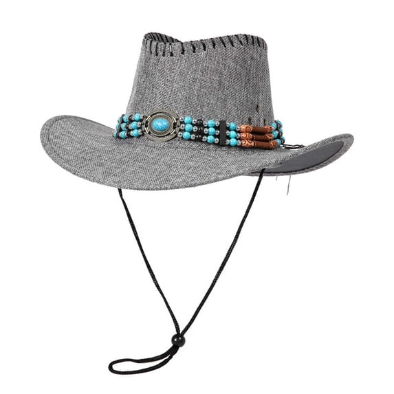 VONCOS Unisex Gray Cowboy Hat Western Cattleman Crown Adjustable Chin Strap Turquoise Concho Beaded Band Polyester for Festival Daily Wear Rodeo Costume,Size M