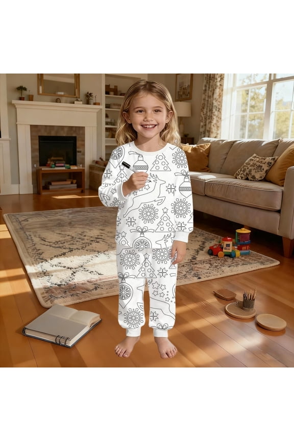 Unisex Gray Kids Christmas Coloring Casual Set - Color Your Own Interactive Loose, Soft Stretch 95% Polyester 5% Spandex, 2-10 Years Festive Holiday Casual,Size 2-3 T