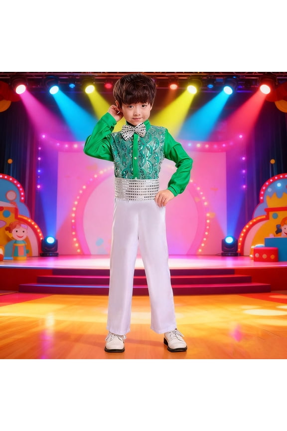 Unisex Green Kids Formal Outfit Set 4-14Y, 100% Polyester Shimmer Top Pants with Bow Tie, Performance Wedding School Attire,Size 12-13T