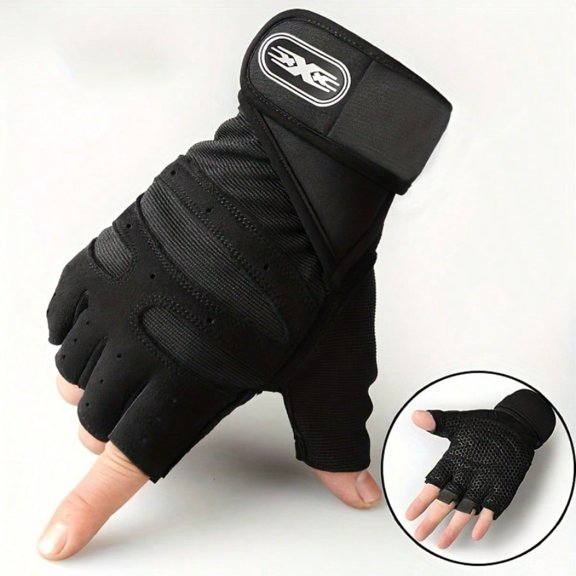 Unisex Half Finger Fitness Gloves, Black Polyester with Wrist Support & Ventilation, Gym Workout Accessory