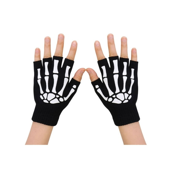Unisex Half Finger Skeleton Pattern Glow in the Dark Knit Gloves