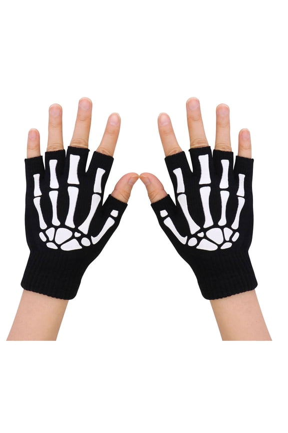 Unisex Half Finger Skeleton Pattern Glow in the Dark Knit Gloves