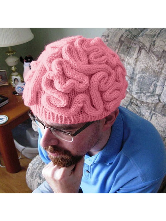 Unisex Halloween Funny Brain Knit Cap, Crochet Handmade Sculpted Cerebrum Beanie for Men Women Average Adult Head Winter Warm Spring Autumn, 1 Piece Knit Hat Pink