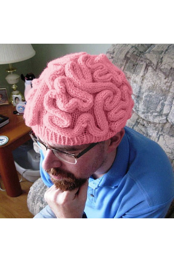 Unisex Halloween Funny Brain Knit Cap, Crochet Handmade Sculpted Cerebrum Beanie for Men Women Average Adult Head Winter Warm Spring Autumn, 1 Piece Knit Hat Pink