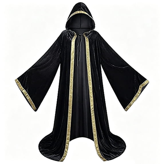 Unisex Halloween Hooded Cloak Velvet Long Cape Costume with Contrast Trim Wizard Witch Robe for Renaissance Medieval Cosplay Vampire Dress Up Party Roleplay
