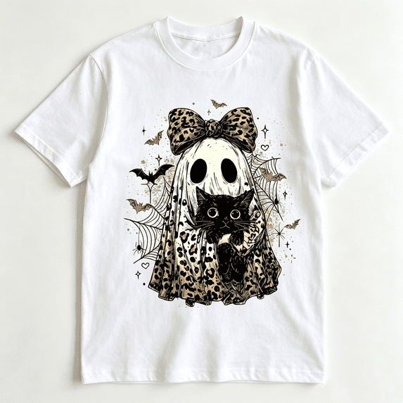 Unisex Halloween Leopard Ghost Graphic tshirt, Cute Spooky Black Cat Graphic Crew Neck Short Sleeve Fall Top Halloween Clothing