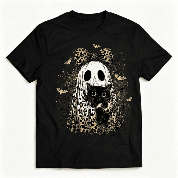 Unisex Halloween Leopard Ghost Graphic tshirt, Cute Spooky Black Cat Graphic Crew Neck Short Sleeve Fall Top Halloween Clothing