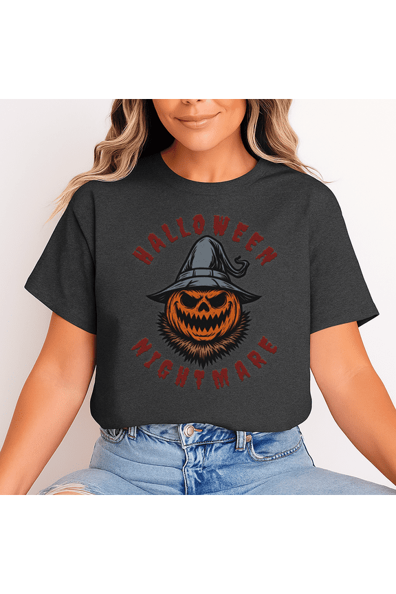 Unisex “Halloween Nightmare” T-Shirt, 100% Cotton – Scary Pumpkin Witch Graphic, Soft Crewneck, Short Sleeve, Gift for Halloween