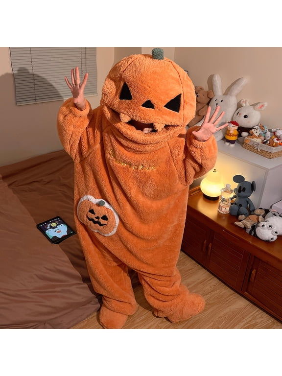 Unisex Halloween Pumpkin Onesie Pajamas, Ultra-Soft Plush Fleece Animal One-Piece Hooded Jumpsuit, Funny Cute Pumpkin Cosplay Homewear Loungewear Sleepwear for Adults and Teens