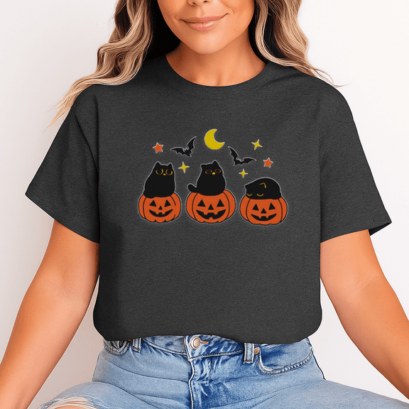 Unisex Halloween T-Shirt, 100% Cotton – Black Cats in Pumpkins Graphic Tee, Soft Crewneck, Short Sleeve, Gift for Halloween