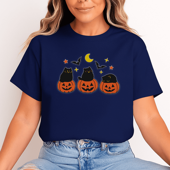 Unisex Halloween T-Shirt, 100% Cotton – Black Cats in Pumpkins Graphic Tee, Soft Crewneck, Short Sleeve, Gift for Halloween