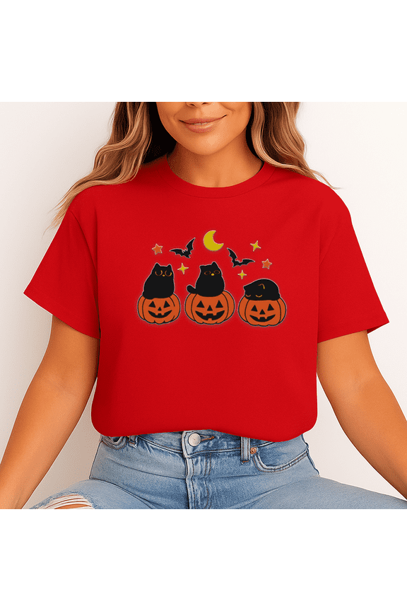 Unisex Halloween T-Shirt, 100% Cotton – Black Cats in Pumpkins Graphic Tee, Soft Crewneck, Short Sleeve, Gift for Halloween