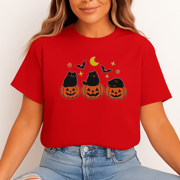 Unisex Halloween T-Shirt, 100% Cotton – Black Cats in Pumpkins Graphic Tee, Soft Crewneck, Short Sleeve, Gift for Halloween