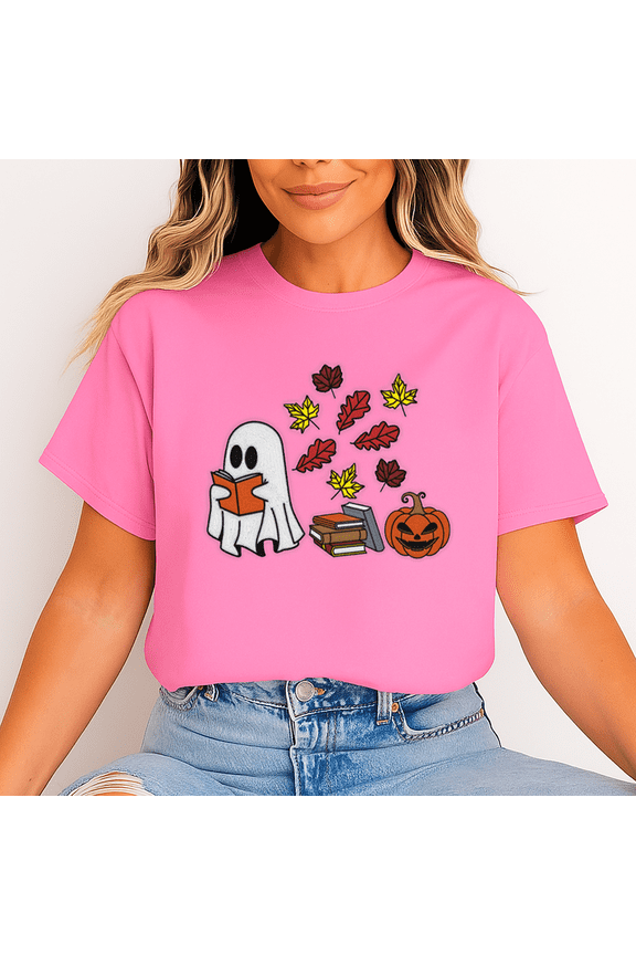 Unisex Halloween T-Shirt, 100% Cotton – Bookish Ghost & Pumpkin Graphic Tee, Soft Crewneck, Short Sleeve, Gift for Halloween