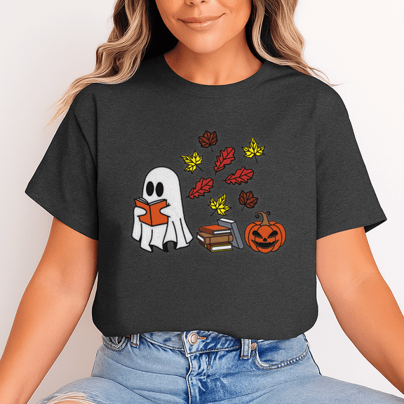 Unisex Halloween T-Shirt, 100% Cotton – Bookish Ghost & Pumpkin Graphic Tee, Soft Crewneck, Short Sleeve, Gift for Halloween