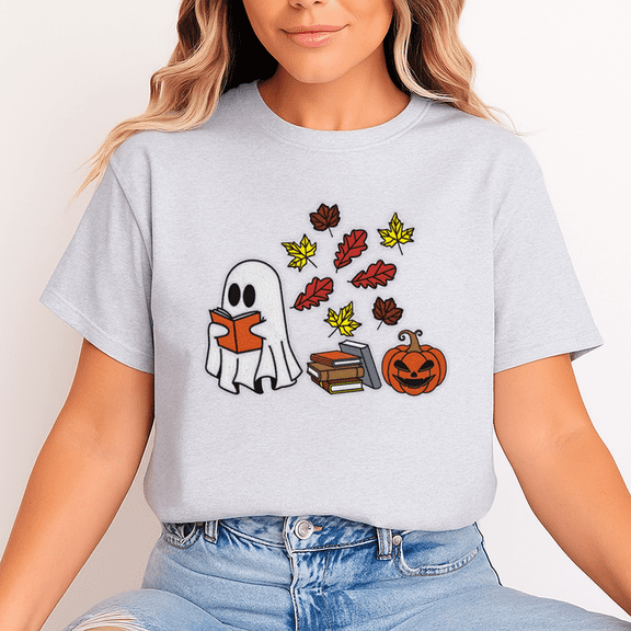 Unisex Halloween T-Shirt, 100% Cotton – Bookish Ghost & Pumpkin Graphic Tee, Soft Crewneck, Short Sleeve, Gift for Halloween