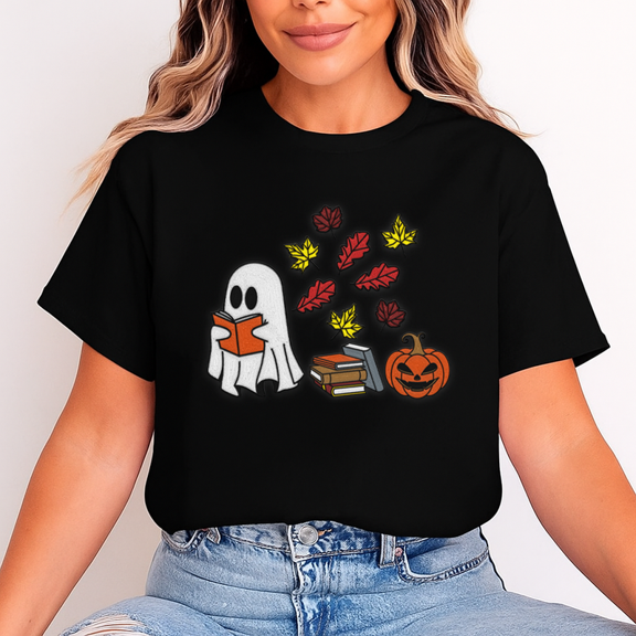 Unisex Halloween T-Shirt, 100% Cotton – Bookish Ghost & Pumpkin Graphic Tee, Soft Crewneck, Short Sleeve, Gift for Halloween