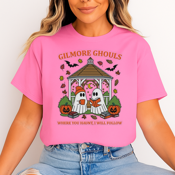 Unisex Halloween T-Shirt, 100% Cotton – Cozy Gazebo Reading Ghosts Graphic, Soft Crewneck, Short Sleeve, Gift for Halloween