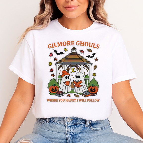 Unisex Halloween T-Shirt, 100% Cotton – Cozy Gazebo Reading Ghosts Graphic, Soft Crewneck, Short Sleeve, Gift for Halloween