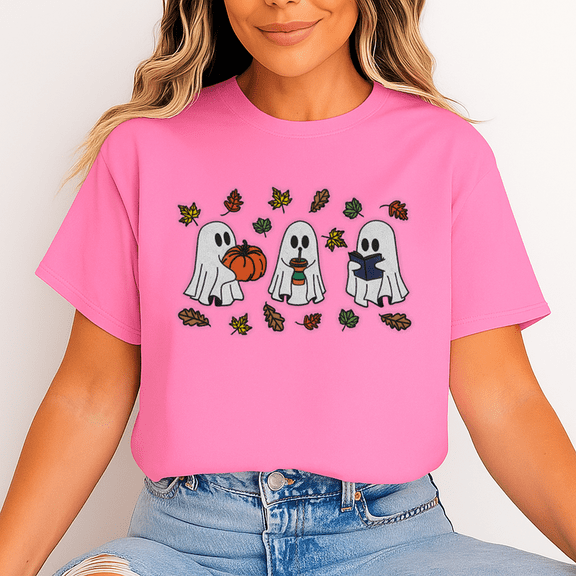 Unisex Halloween T-Shirt, 100% Cotton – Cute Ghosts & Autumn Leaves Graphic Tee, Soft Crewneck, Short Sleeve, Gift for Halloween