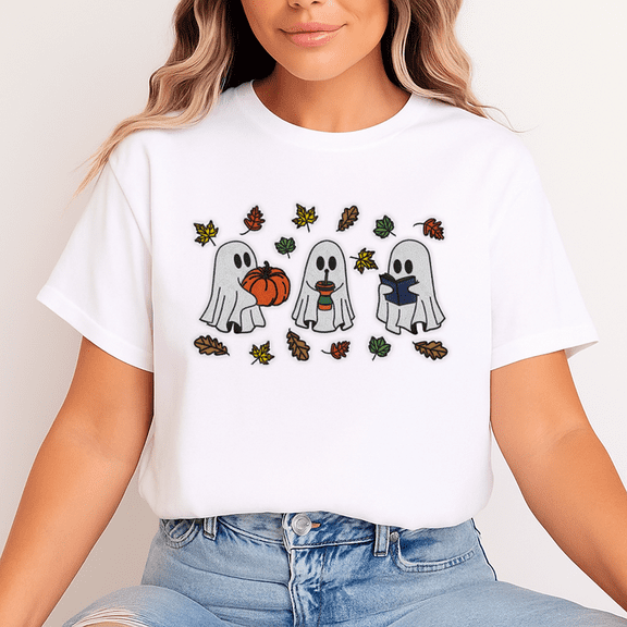 Unisex Halloween T-Shirt, 100% Cotton – Cute Ghosts & Autumn Leaves Graphic Tee, Soft Crewneck, Short Sleeve, Gift for Halloween