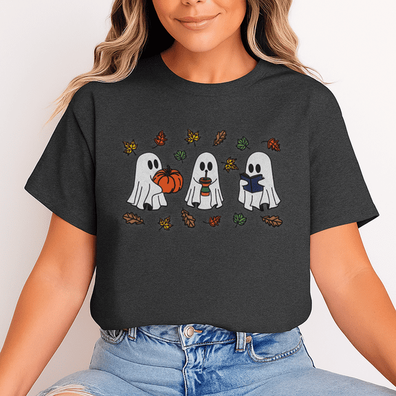 Unisex Halloween T-Shirt, 100% Cotton – Cute Ghosts & Autumn Leaves Graphic Tee, Soft Crewneck, Short Sleeve, Gift for Halloween