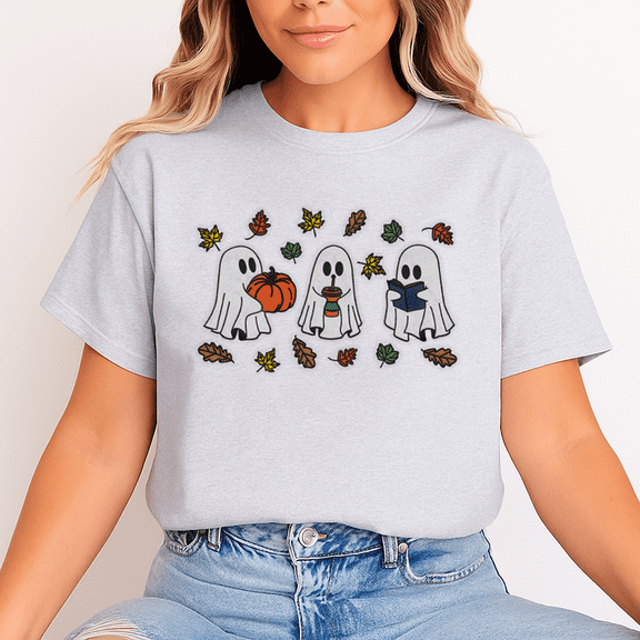 Unisex Halloween T-Shirt, 100% Cotton – Cute Ghosts & Autumn Leaves Graphic Tee, Soft Crewneck, Short Sleeve, Gift for Halloween