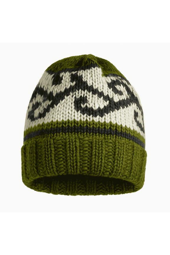 Unisex Hand-Knit Woolen Beanie Hat with Micro Fleece Lining for Cold and Windy Days - Green & White Pattern