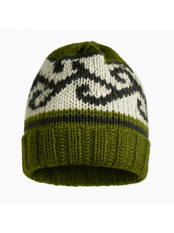 Unisex Hand-Knit Woolen Beanie Hat with Micro Fleece Lining for Cold and Windy Days- Green & White Pattern
