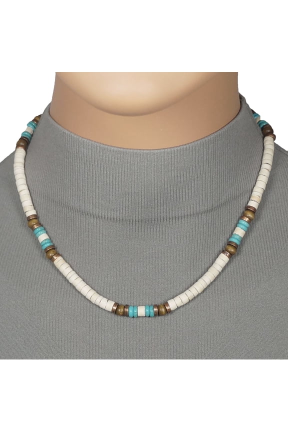Unisex Handmade White Coco Shell with Turquoise and Copper Bead Necklace – 16 inch