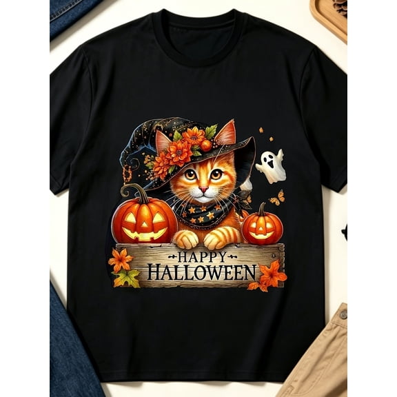 Unisex Happy Halloween Cute Witch Cat Graphic T‑Shirt, Pumpkin Ghost Fall Autumn Floral Short‑Sleeve Crew‑Neck Retro Casual Holiday Tee
