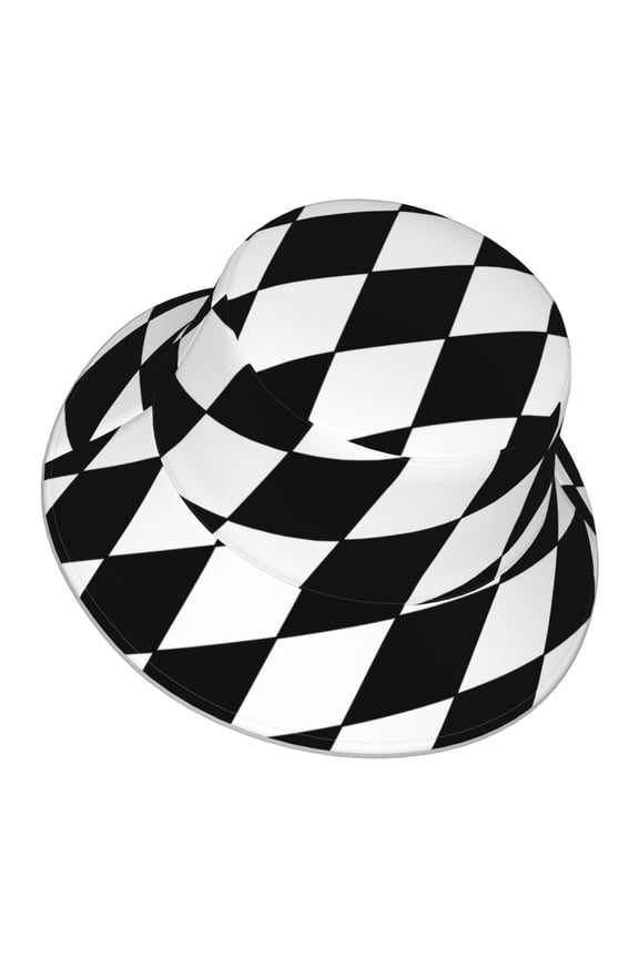 Unisex Harlequin Pattern Black And White Bucket Hat Fisherman Cap Reversible Travel Sunhat With Reflective Stripe