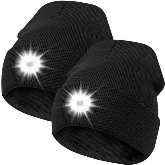 Unisex Hat with Light, 2 Pack USB Rechargeable Hands Free Headlamp LED Beanie,Gifts for Dad Father Men Husband Winter Warm Knitted Cap (Black & Black)