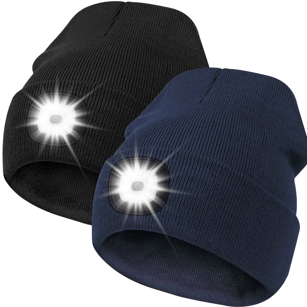 Unisex Hat with Light, 2 Pack USB Rechargeable Hands Free Headlamp LED Beanie,Gifts for Dad Father Men Husband Winter Warm Knitted Cap (Black & Navy Blue)
