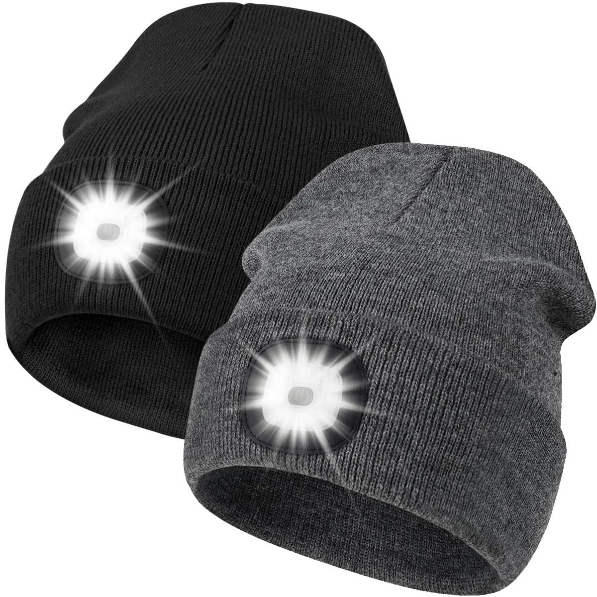 Unisex Hat with Light, 2 Pack USB Rechargeable Hands Free Headlamp LED Beanie,Gifts for Dad Father Men Husband Winter Warm Knitted Cap (Black & Grey)