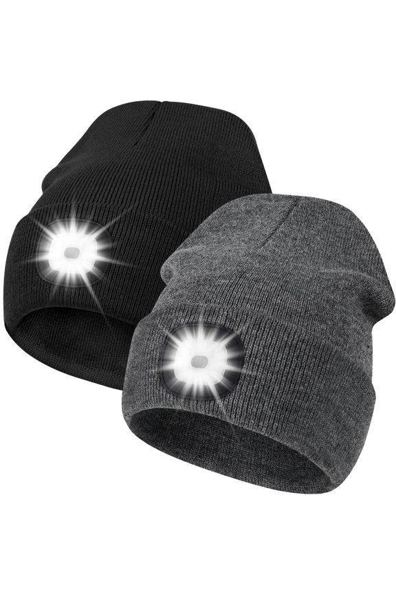 Unisex Hat with Light, 2 Pack USB Rechargeable Hands Free Headlamp LED Beanie,Gifts for Dad Father Men Husband Winter Warm Knitted Cap (Black & Grey)