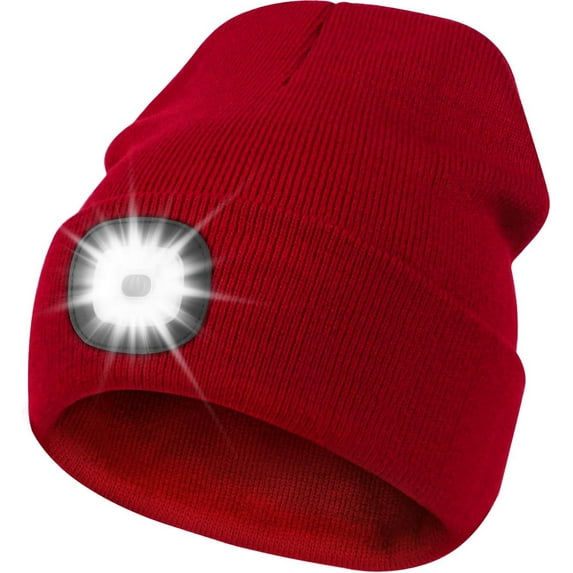 Unisex Hat with Light, USB Rechargeable Hands Free Headlamp LED Beanie,Gifts for Dad Father Men Husband Winter Warm Knitted Cap (Red)