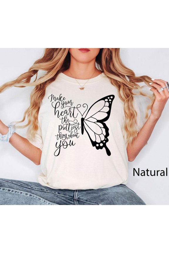 Unisex Heart With Butterfly Pretty Prettiest T-Shirt Cotton Graphic Tee-All Size S-5Xl